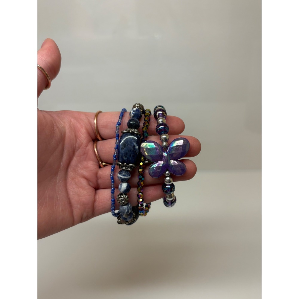 Blue Purple Beaded Bracelet Lot 4pc Sodalite Butterfly Iridescent Whimsigoth